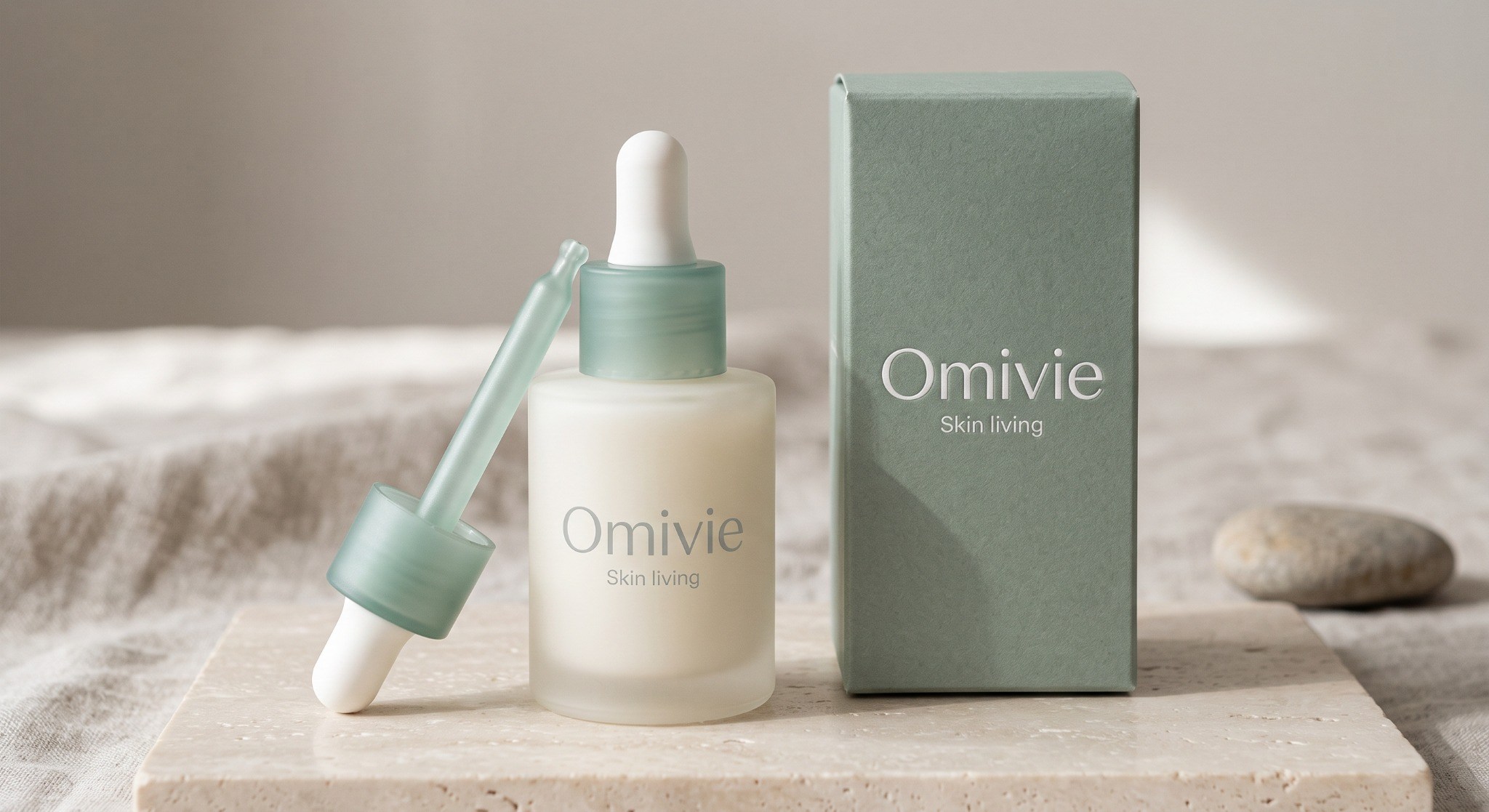 Omivie packaging concept: an alabaster bottle and sea-glass dropper beside a mineral-sage box, on pale stone and linen.